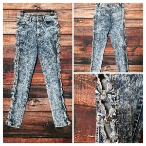 Monarda Vintage Jeans 7 Acid Wash High Rise Skinny Open Side Bow Distressed